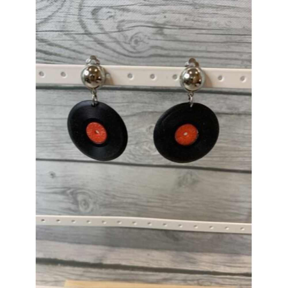 Vintage Signed Collar Record Silver Clip Unique Vinyl Clip On Dangle Earrings